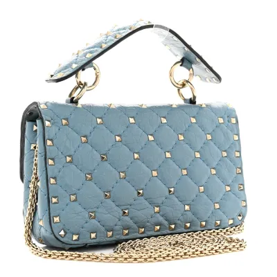 Valentino Garavani Small Rockstud Spike Shoulder Bag Aqua Nappa Leather Light Gold Hardware