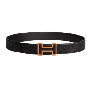 Hermès Men' s Tonight Color H Buckle Reversible Belt In Black/Brown/Coffee Calfskin With Orange Hardware 38mm