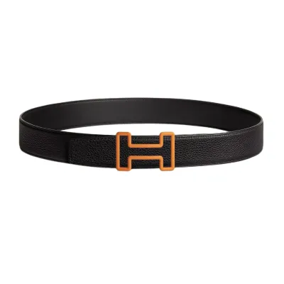 Hermès Men' s Tonight Color H Buckle Reversible Belt In Black/Brown/Coffee Calfskin With Orange Hardware 38mm