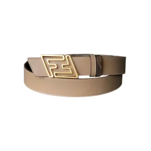 Fendi Men's Faster Reversible Belt In Beige/Black/Brown Calfskin And Monogram Canvas With Gold/Silver Hardware 35mm