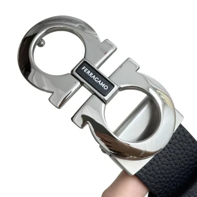 Ferragamo Men's Double Gancini Buckle Belt In Black Grained Calfskin With Gold/Silver/Black Hardware 35mm