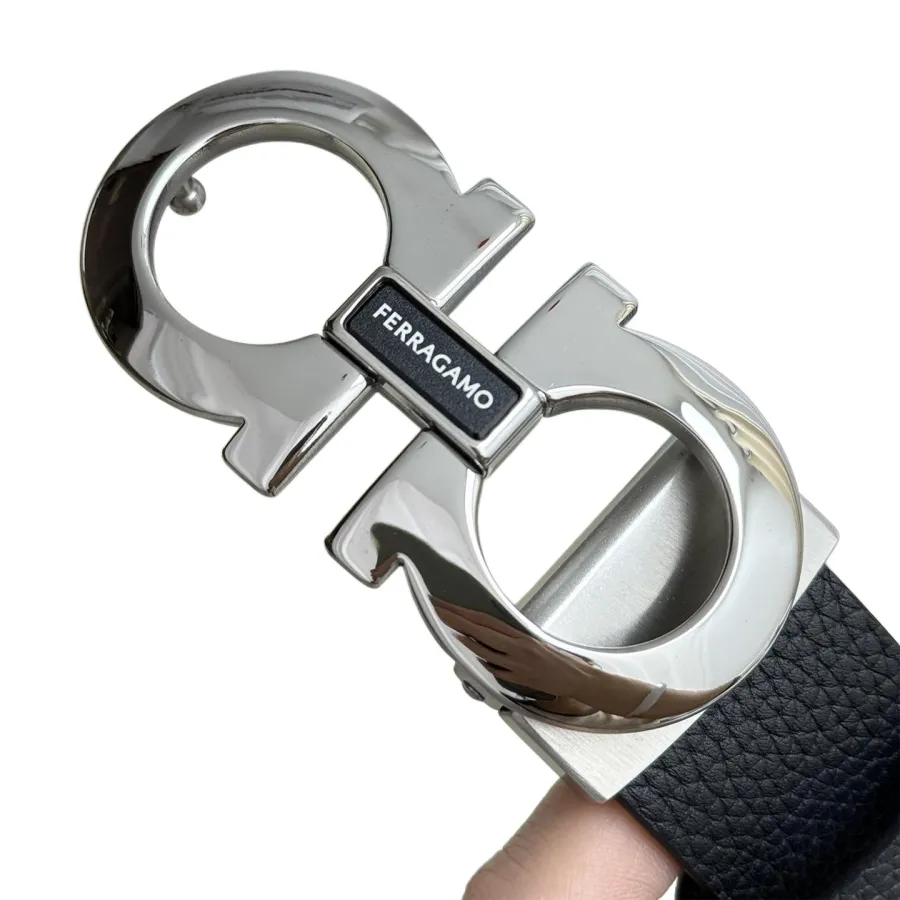 Ferragamo Men's Double Gancini Buckle Belt In Black Grained Calfskin With Gold/Silver/Black Hardware 35mm