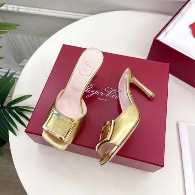 Roger Vivier Trompette Mules High Heels In Pink/Gold/Silver Leather With Metal Buckle (Heel Height 8.5cm)