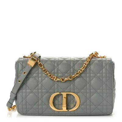 Dior Medium Caro Bag Ethereal Grey Cannage Calfskin Leather Gold Hardware