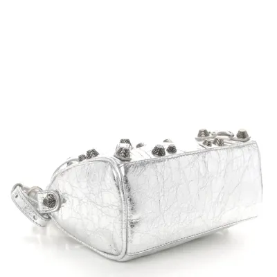 Balenciaga Crystal Neo Nano Cagole Handbag Silver Agneau Arena Leather Silver Hardware