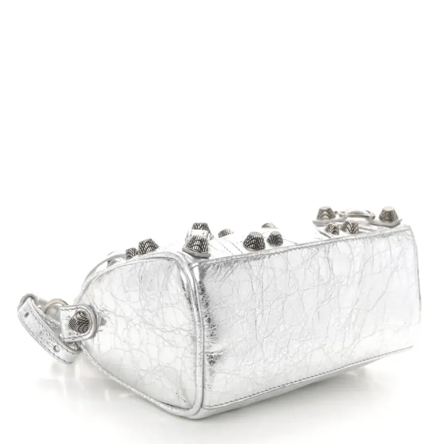 Balenciaga Crystal Neo Nano Cagole Handbag Silver Agneau Arena Leather Silver Hardware