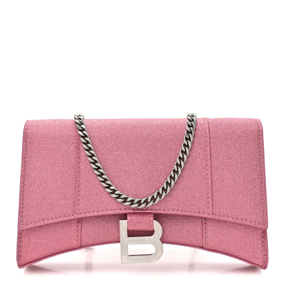 Balenciaga XS Hourglass Wallet On Chain Sweet Pink Sparkling Fabric Silver Hardware