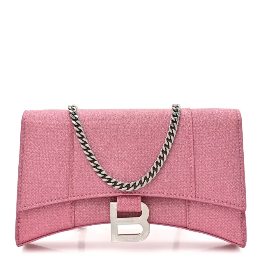 Balenciaga XS Hourglass Wallet On Chain Sweet Pink Sparkling Fabric Silver Hardware