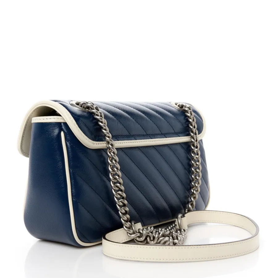 Gucci Small Torchon GG Marmont Shoulder Bag Blue Agata / Mystic White Vintage Effect Calfskin Leather Matelassé Diagonal Aged Silver Hardware