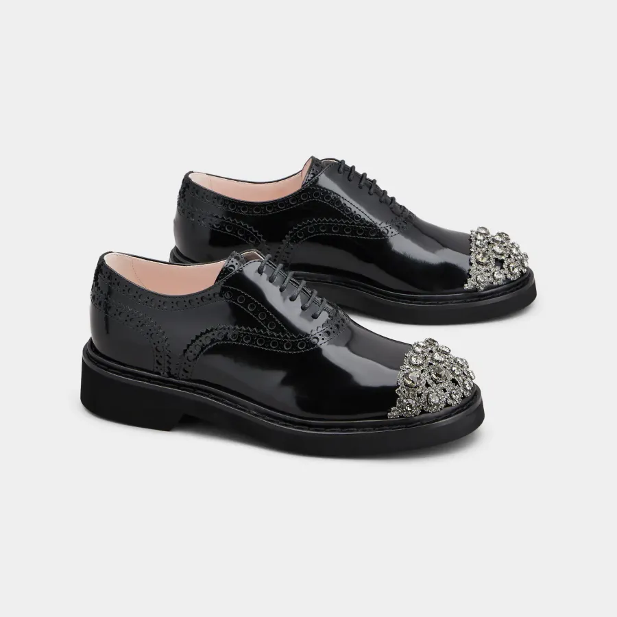 Roger Vivier Viv' Rangers Lace-Ups Loafers In Black Leather With Crystal Flowers