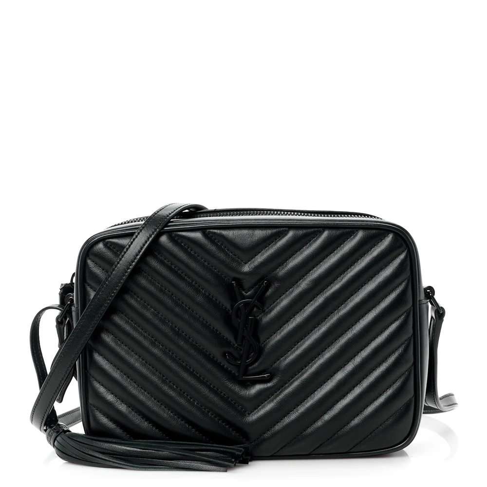 Saint Laurent Bolsa Câmera Lou Média Monograma Preto em Couro Calfskin Matelassê com Hardware Preto