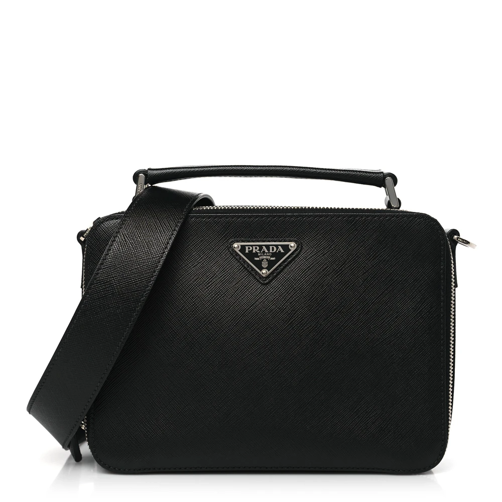 Prada Bolsa Crossbody Brique Média para Viagem Couro Saffiano Preto Hardware Prateado