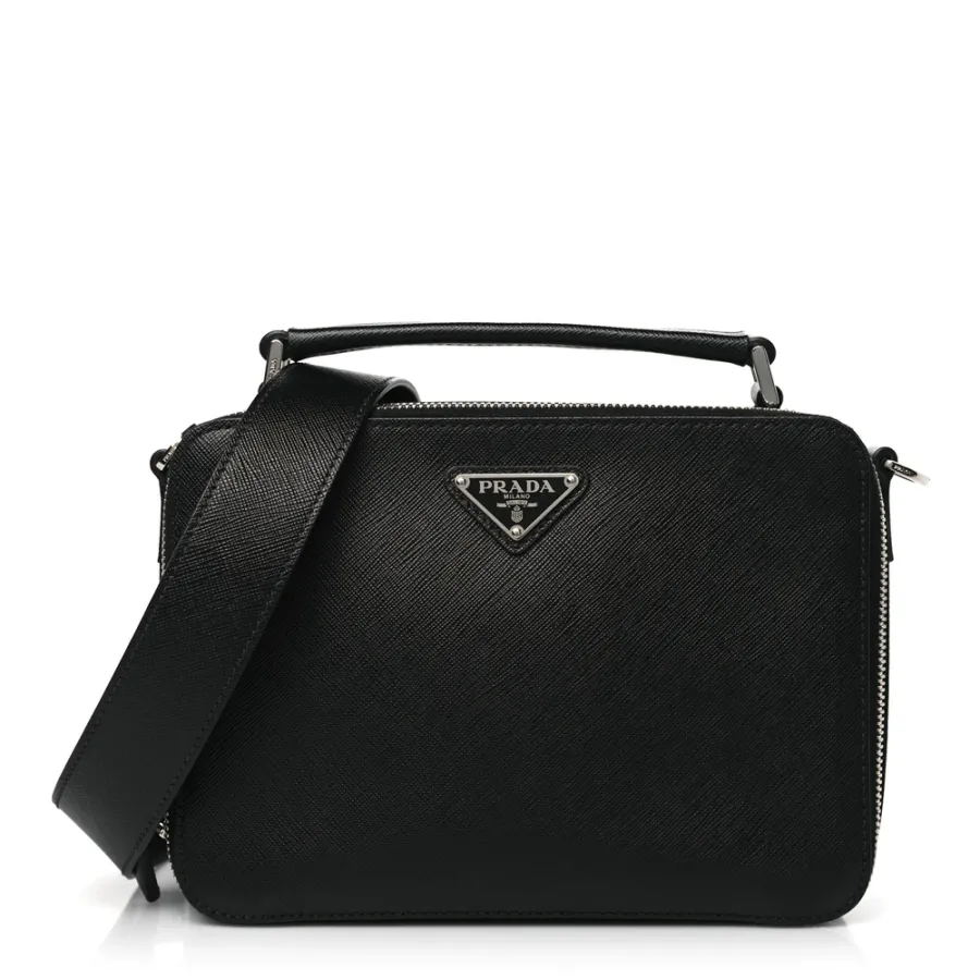 Prada Medium Travel Brique Crossbody Bag Black Saffiano Leather Silver Hardware