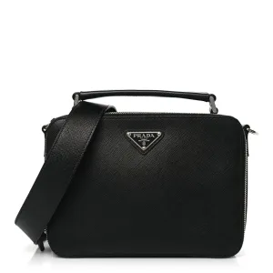 Prada Medium Travel Brique Crossbody Bag Black Saffiano Leather Silver Hardware
