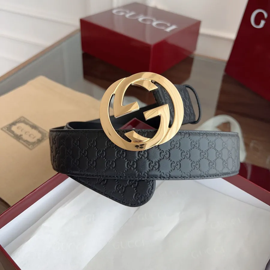 Gucci Men's Interlocking G Buckle And Interlocking G Belt In Black/Brown Marmont In Calfskin/Canvas With Gold/Silver Hardware 40mm