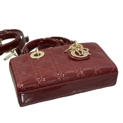 Dior Small Lady D-Joy Bag In Cherry Red Patent Calfskin/White Lambskin/Black Ultramatte Cannage Calfskin With Gold/Black Hardware