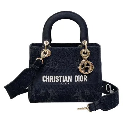 Dior Medium Lady D-Lite In White/Black Lace Embroidered Canvas Gold Hardware