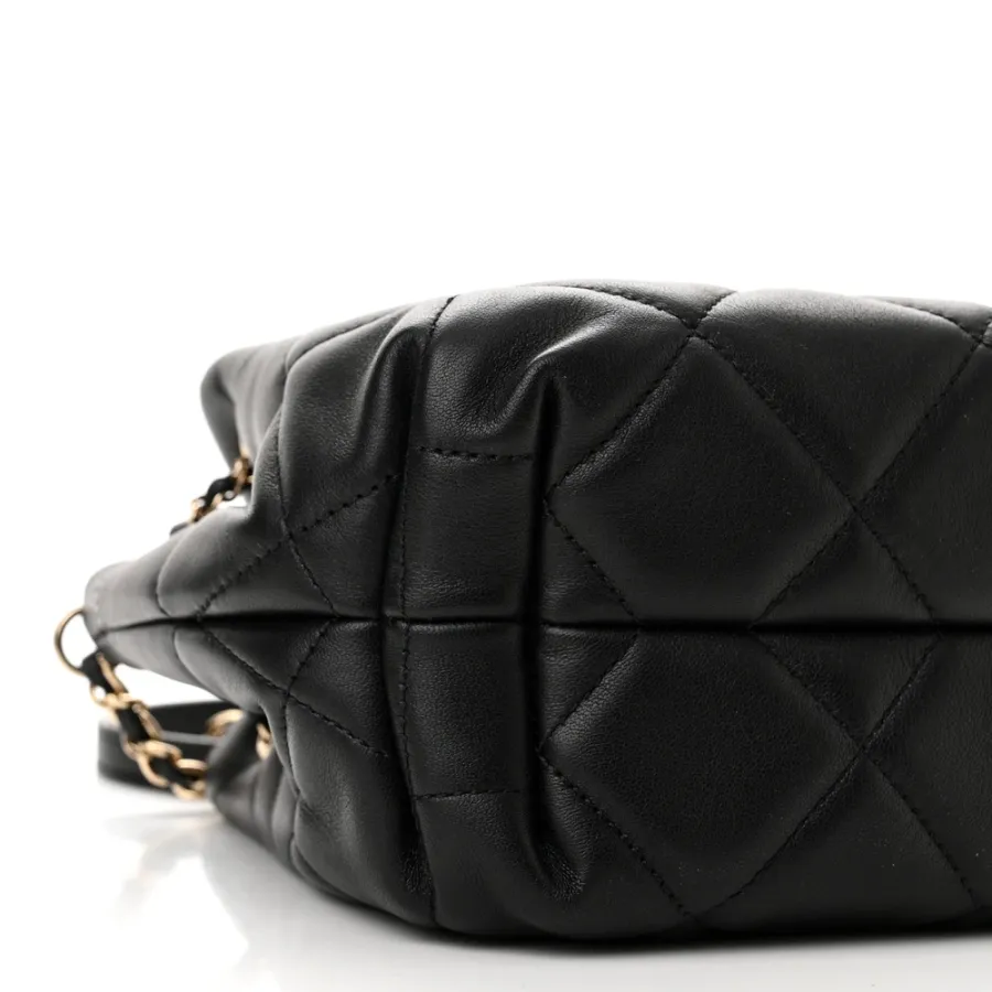 Chanel CC Dweller Drawstring Bucket Small Black Quilted Lambskin Leather Light Gold Hardware