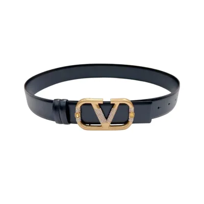 Valentino V Buckle With Crystal And Green/Red/Black/Yellow Gem Belt In Black Calfskin With Gold Hardware 40mm