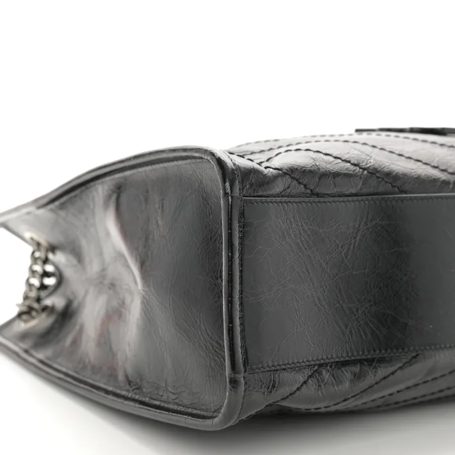 Saint Laurent Medium Niki Shopper Tote Black Crinkled Monogram Calfskin Matelasse Leather Silver Hardware