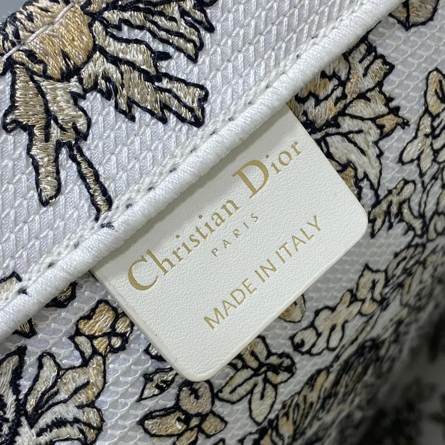Dior Medium Book Tote White Embroidered with Metallic Thread and Gold Millefiori Unicorn Motif