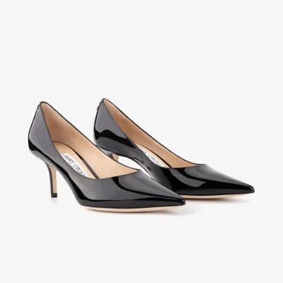 JIMMY CHOO JC badges adorne black patent high heels