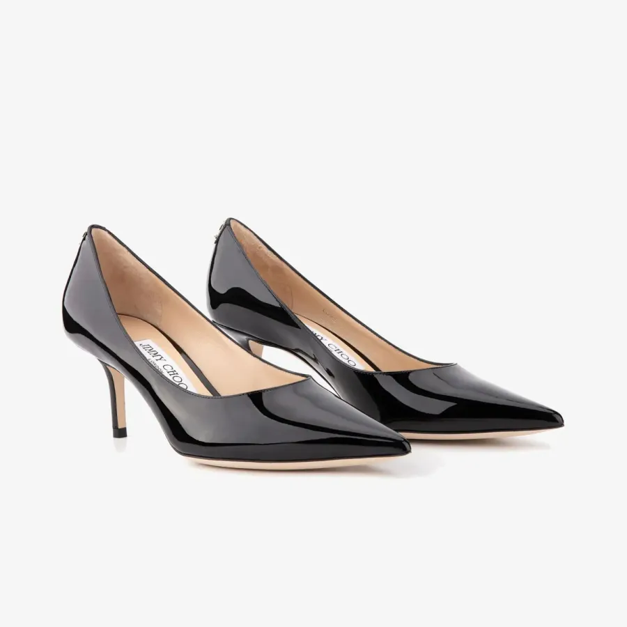 JIMMY CHOO JC badges adorne black patent high heels