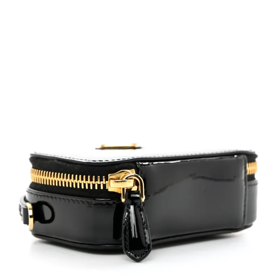 Prada Mini Metal Triangle Logo Pouch with Handle Black Vernice Leather Gold Hardware