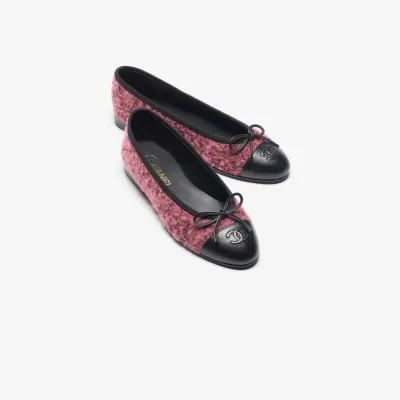 Chanel Autumn and winter series flat shoes, wool twill soft woolen and lambskin pink and black Ballet  Shoes