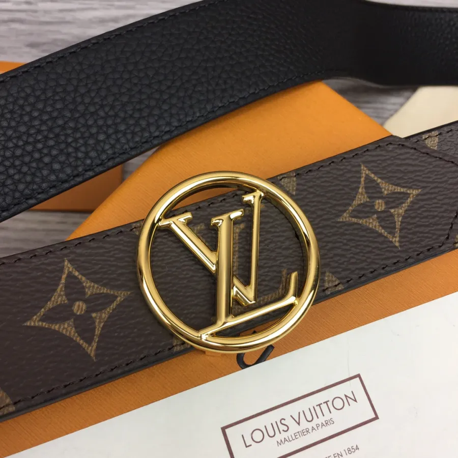 Louis Vuitton Women's Circle Buckle Belt In Black Calfskin And Monogram Canvas With Gold Hardware 35mm