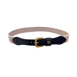 Valentino Square Buckle Belt In Black/Blue Calfskin And Brown/Blue Canvas With Gold/Silver Hardware 25mm