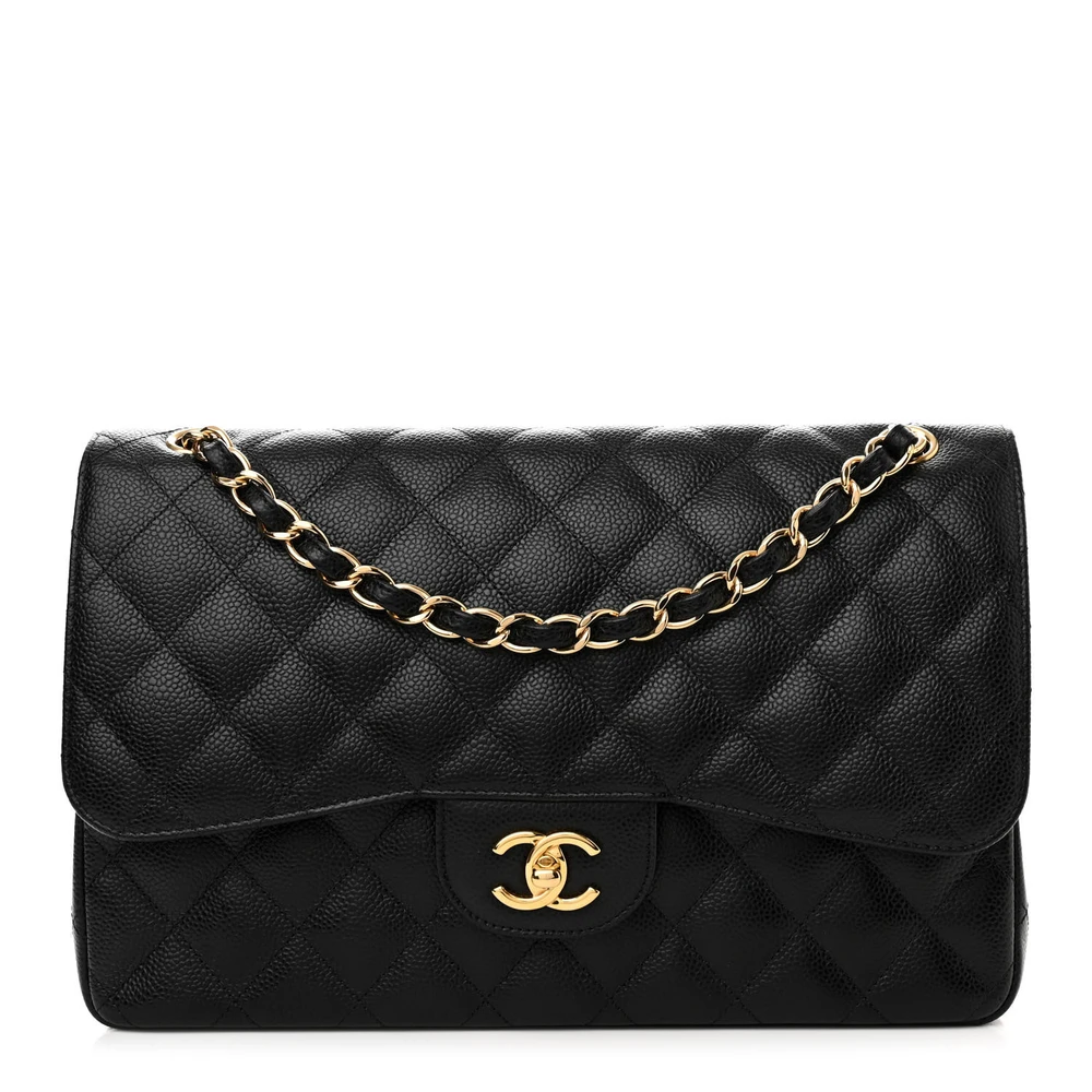 Chanel Double Flap Jumbo Preto Acolchoado em Couro Caviar com Hardware Dourado