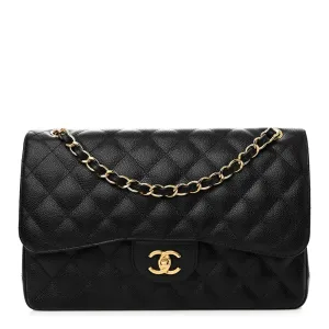 Chanel Double Flap Jumbo Black Quilted Caviar Leather Gold Hardware