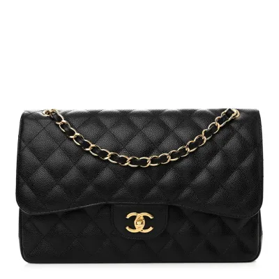 Chanel Double Flap Jumbo Black Quilted Caviar Leather Gold Hardware