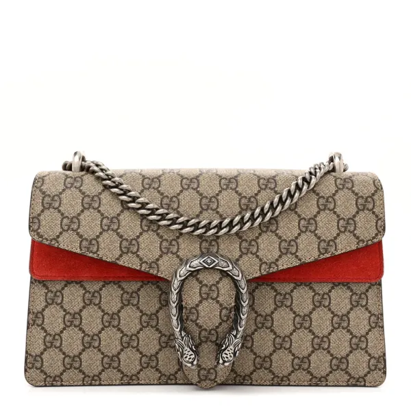 Gucci Small Dionysus Shoulder Bag Red GG Supreme Monogram Coated Canvas Aged Silver Hardware