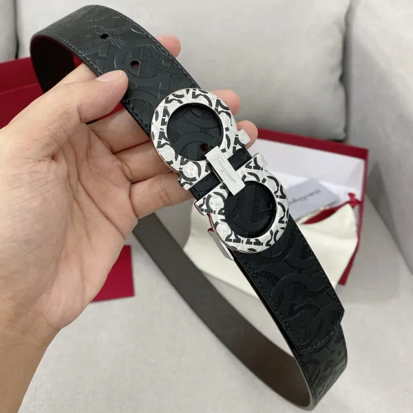 Ferragamo Men's Double Gancini Buckle Belt In Black/Coffee Grained Calfskin With Silver Hardware 35mm - Image 9