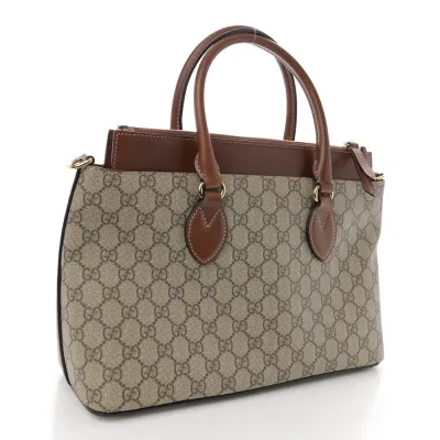 Gucci Medium Zip Top Tote Beige GG Supreme Monogram Canvas Gold Hardware