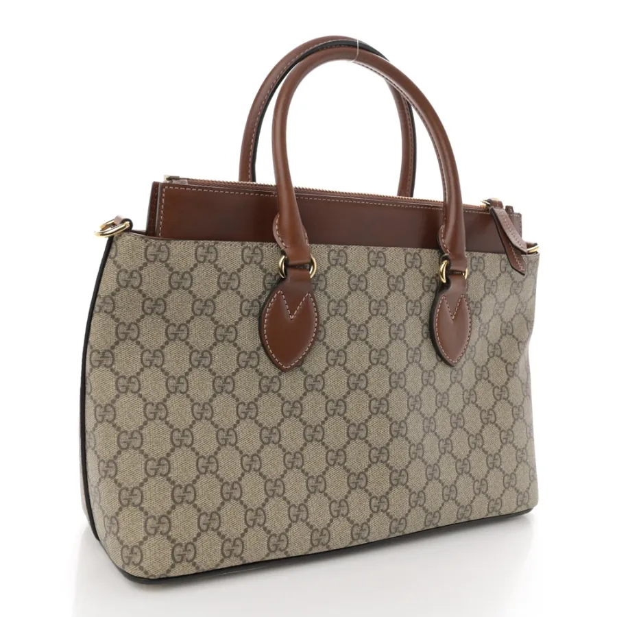Gucci Medium Zip Top Tote Beige GG Supreme Monogram Canvas Gold Hardware