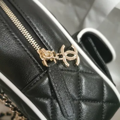 Chanel Black / White Quilted  Lambskin Leather