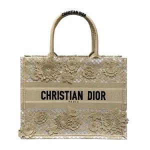 Dior Medium Dior Book Tote Beige D-Lace Flowers Embroidery with Macramé