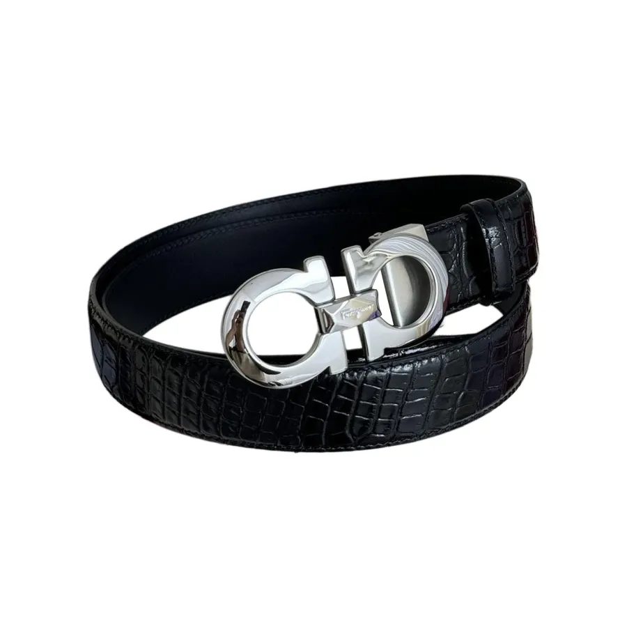 Ferragamo Men's Double Gancini Buckle Reversible Belt In Black Crocodile-Embossed Calfskin With Gold/Silver/Black Hardware 35mm