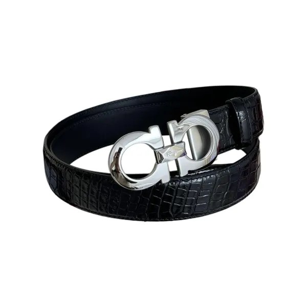 Ferragamo Men's Double Gancini Buckle Reversible Belt In Black Crocodile-Embossed Calfskin With Gold/Silver/Black Hardware 35mm - Image 4