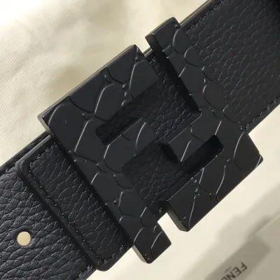 Fendi Men's Square Buckle Belt In Black/Olive Litchi Grain Calfskin With Silver Hardware 38mm