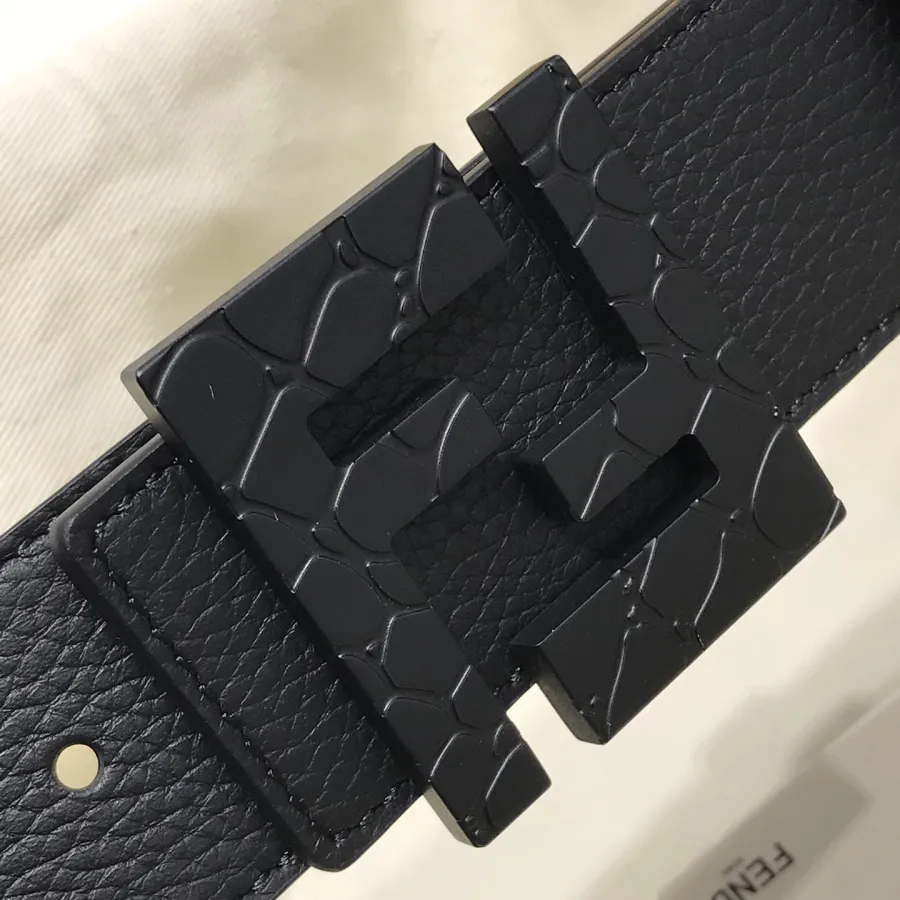 Fendi Men's Square Buckle Belt In Black/Olive Litchi Grain Calfskin With Silver Hardware 38mm