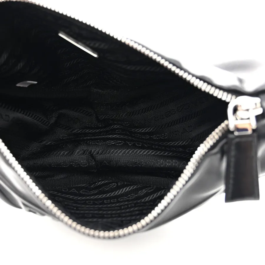 Prada Medium Triangle Shoulder Bag Black Calfskin Leather Silver Hardware