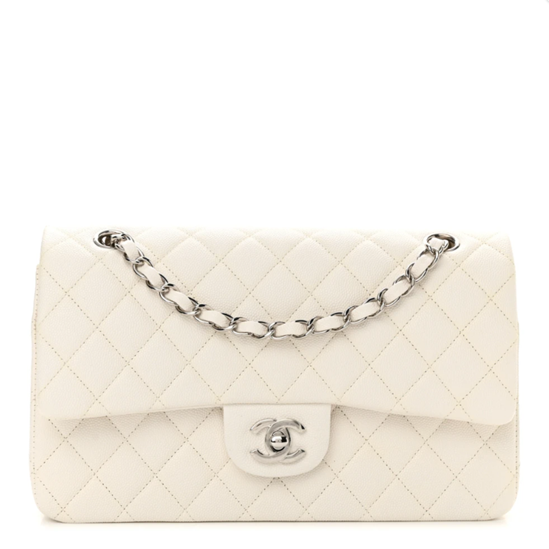 Bolsas de Designer Chanel Branco Caviar Bolsa de Aba Dupla