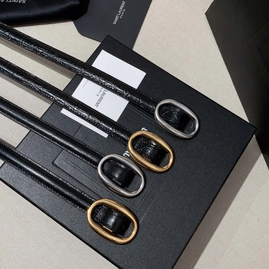 Saint Laurent Oval Buckle Thin Belt In Black Calfskin With Gold/Silver Hardware 15mm