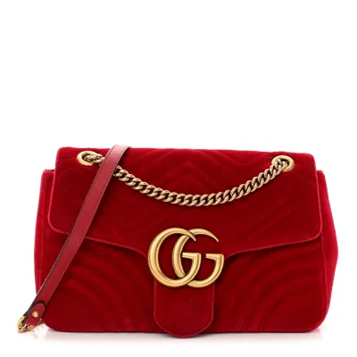 Gucci Medium GG Marmont Shoulder Bag Hibiscus Red Velvet Matelassé Leather Aged Gold Hardware