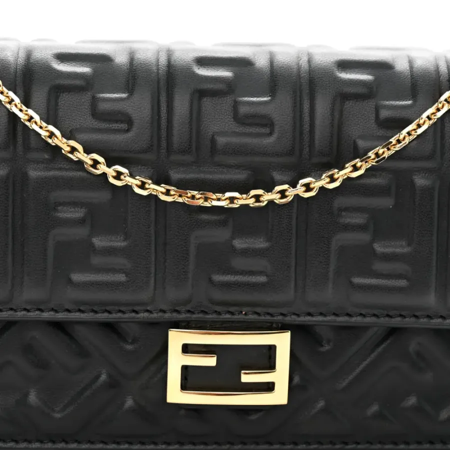 Fendi FF Embossed Wallet On Chain (WOC) Black Matisse Nappa Leather Light Gold Hardware