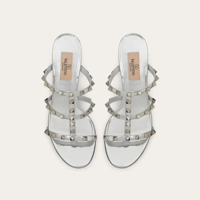 VALENTINO Silver mirror effect rivet sandals (heel height 6cm)